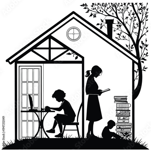 children studying at home silhouette black and whi (1)(1)