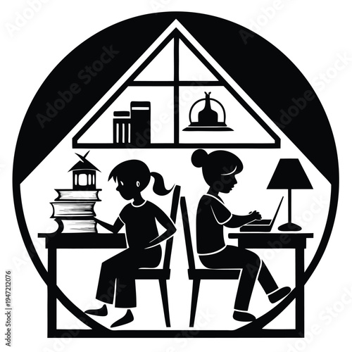 children studying at home silhouette black and whi (1)