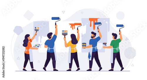Diverse team painting wall with rollers, teamwork, home renovation, creative project, illustration