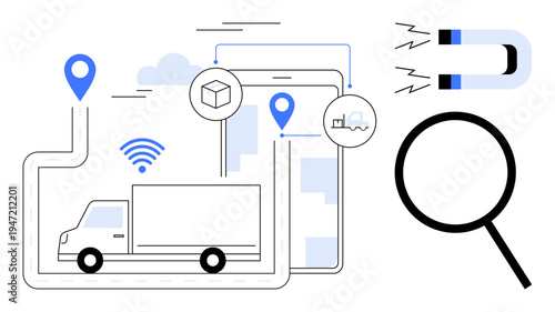 Delivery truck on route tracked via GPS, wireless signals, magnet attracting data, magnifying glass. Ideal for logistics, technology, delivery, innovation, data management monitoring research
