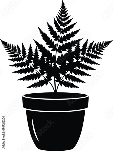 Black and white illustration of a potted fern plant