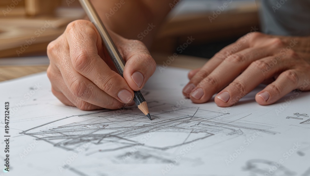 Naklejka premium Sketching hands drawing architectural lines on paper at desk in grey shirt, with graphite pencil