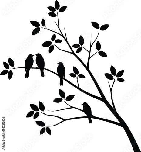Silhouette of birds on a tree branch with leaves