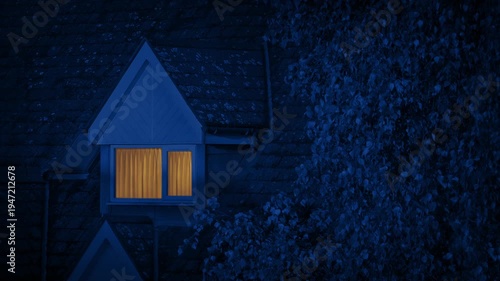 Building Roof With Light On And Tree In Breeze At Night