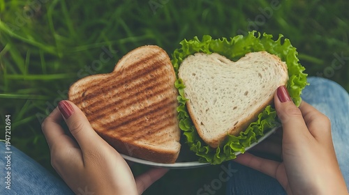 Heart shaped sandwiches in hands on green background