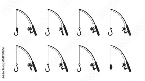Sport fishing rod pictogram collection angling equipment icons for freshwater and saltwater fishing design