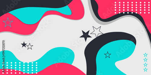 Bright colorful memphis style wallpaper. Groups of circles in white, wavy and spiral stripes against a background of overlapping abstract shapes with wavy edges. Vector.