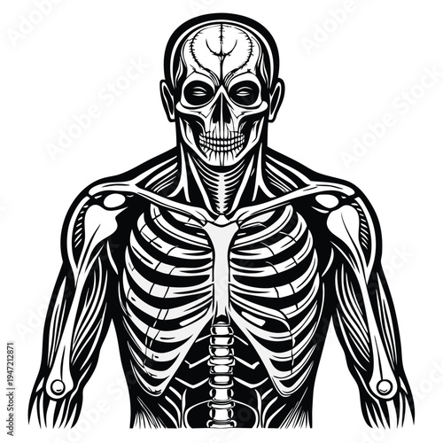 Detailed Human Anatomy Illustration Presenting Skeletal and Muscular Systems for Medical Design