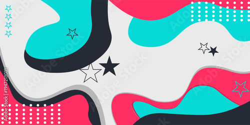 Bright colorful memphis style wallpaper. Groups of circles in white, wavy and spiral stripes against a background of overlapping abstract shapes with wavy edges. Vector.