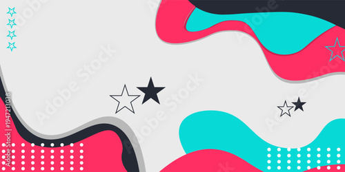 Bright colorful memphis style wallpaper. Groups of circles in white, wavy and spiral stripes against a background of overlapping abstract shapes with wavy edges. Vector.