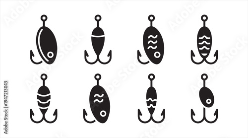 Sport fishing lure pictogram collection angling bait and hook icons for freshwater and saltwater fishing design