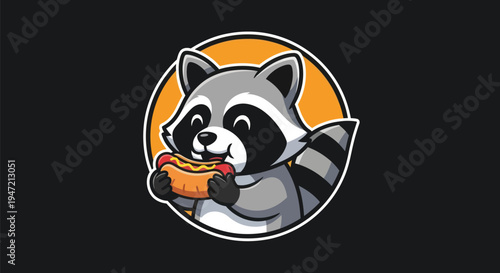 Cartoon raccoon enjoying a hot dog