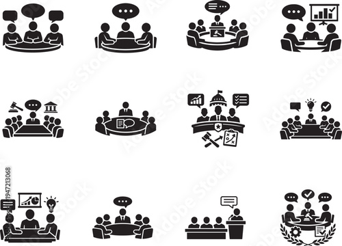 Council meeting flat vector icons set with boardroom discussion, teamwork, governance and conference signs.