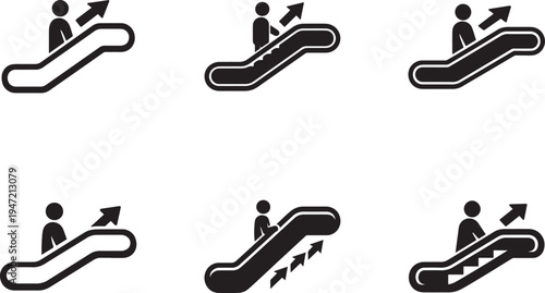 Escalator graphic vector icons collection with up and down movement symbols for transport and building access.