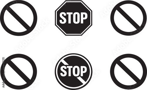 Prohibition sign set with stop symbols and warning icons for restriction, safety and regulation use.