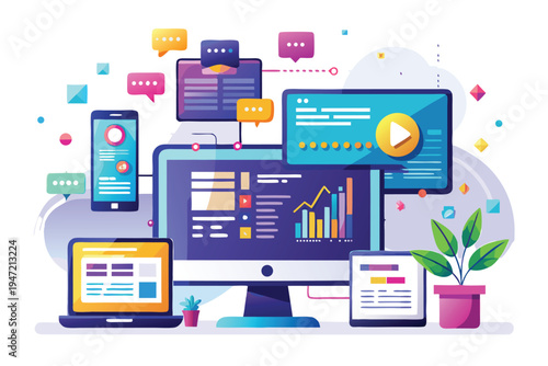 Modern digital devices displaying data analytics, social media messages, and online content