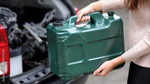 Woman holds green jerry can while filling car with gas at fuel station during daylight using Canon EOS camera for high quality