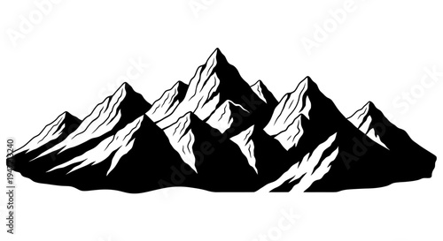 Stylized Mountain Range Silhouette, Black and White Graphic