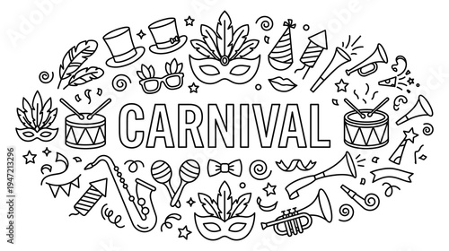 Carnival lettering poster with outline festival doodles and symbols