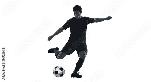 Silhouette of a male soccer player kicking a ball on a white background