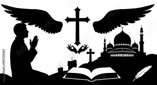 Diverse Faiths Silhouette: Prayer, Crosses, Mosque, Open Book, Candle