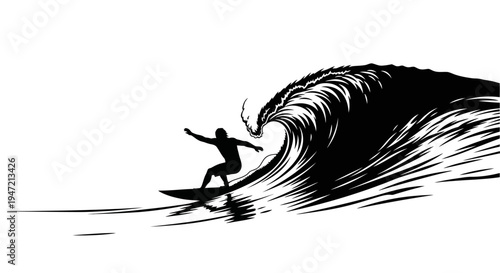 Surfer Silhouette Riding Giant Crashing Wave