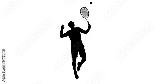 Silhouette of tennis player serving ball on white background