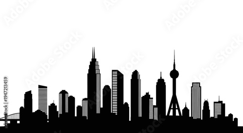 Modern City Skyline Silhouette - Tall Buildings and Towers on White Background