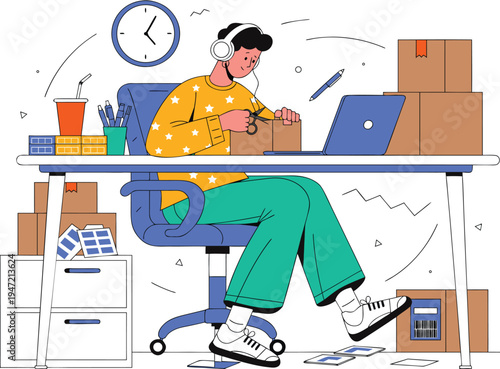 Young Entrepreneur Packing Orders in Home Office