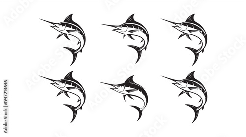 Marlin swordfish silhouette icon set marine sport fishing fish symbols isolated on white background