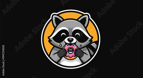 Cartoon raccoon eating donut illustration