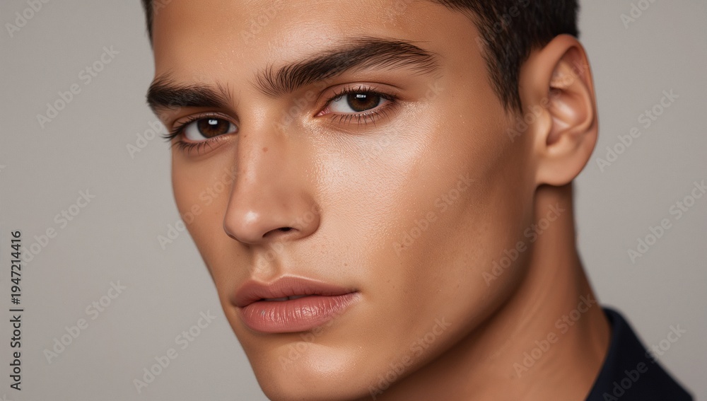 Naklejka premium Posing male model holding neutral expression in studio, showing catchlights and dark collar