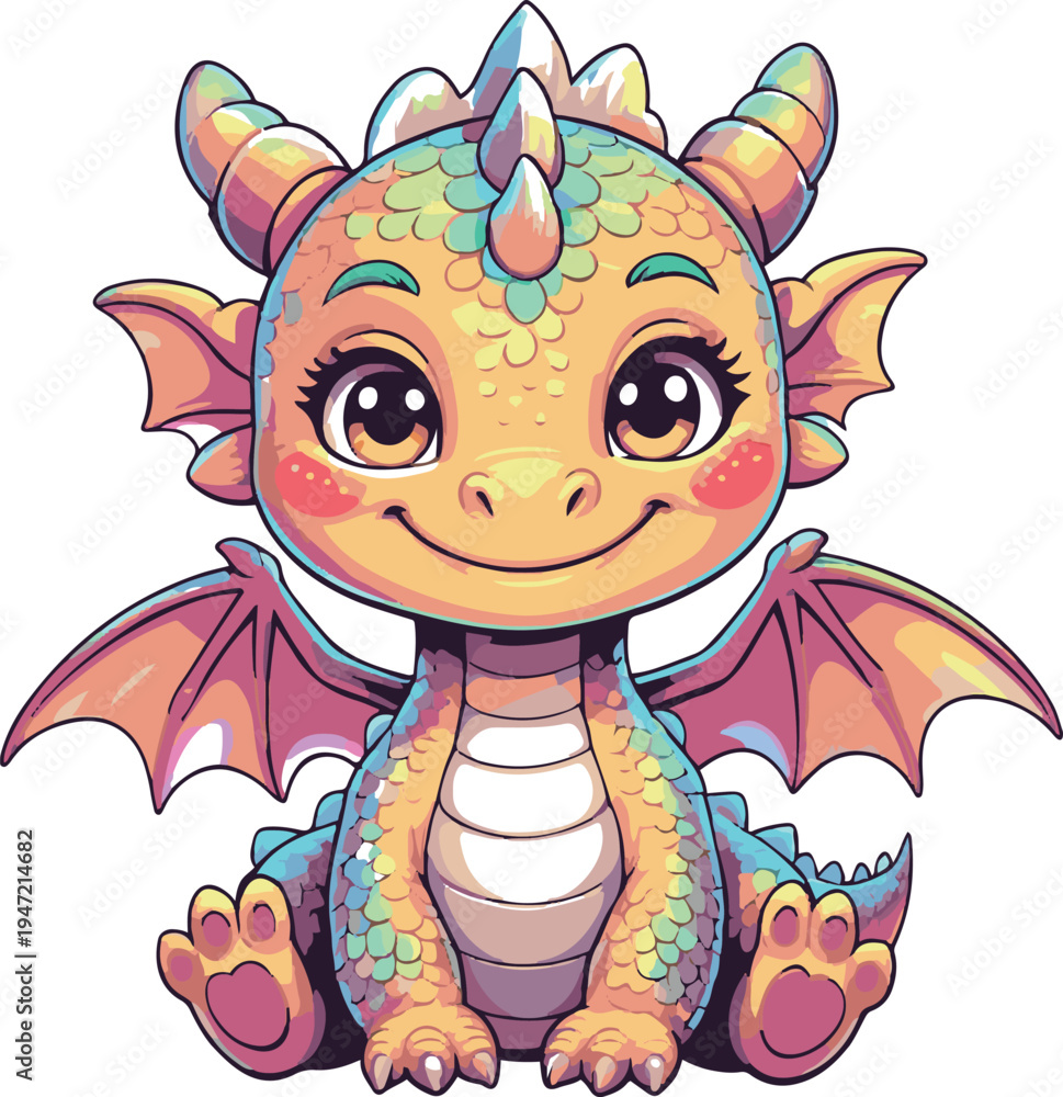Naklejka premium baby dragon sitting and smiling with folded wings, sticker style cartoon dragon mascot, adobe illustrator vector design, white background 1
