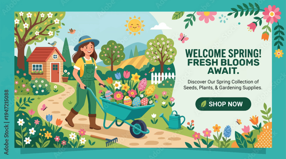 Fototapeta premium Spring gardening scene with woman pushing wheelbarrow full of flowers and Easter eggs, house, trees, and rolling hills, banner design with 