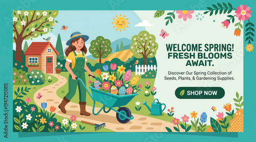 Spring gardening scene with woman pushing wheelbarrow full of flowers and Easter eggs, house, trees, and rolling hills, banner design with "Welcome Spring! Fresh Blooms Await."