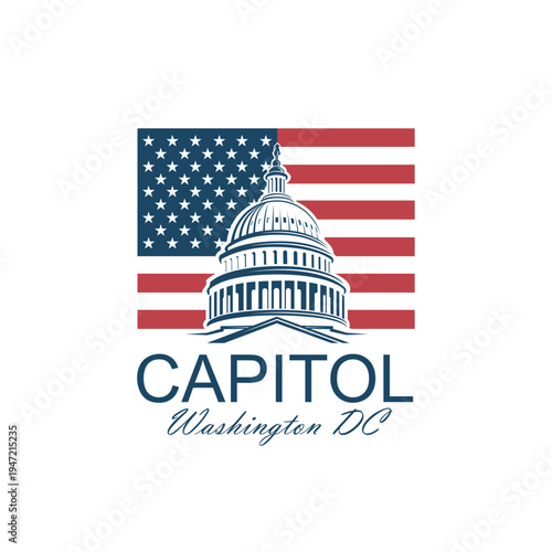 United States Capitol building icon in Washington DC and flag isolated on white background