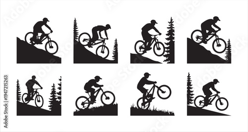 Mountain bikers descending steep hills with trees, dynamic action silhouettes