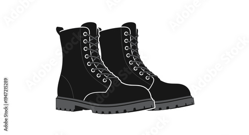 Pair of Black Combat Boots with Laces on White Background