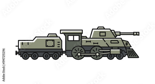 Fantasy armored train with cannon, steampunk design, isolated on white background