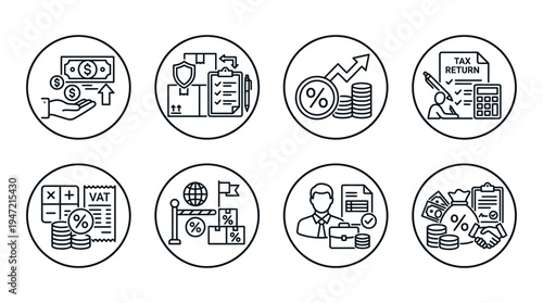 A graphic illustration of various tax related concepts and financial icons