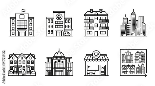 A collection of various urban buildings and structures in a simple line style