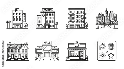 A collection of various urban buildings and structures in simple line drawings