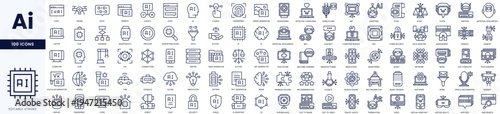 A collection of 100 minimalist icons representing various digital technologies and services in monochrome.