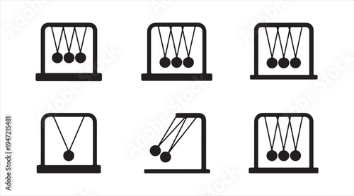 Minimal Newton’s cradle icon pack black silhouette physics pendulum device symbols for science graphics
