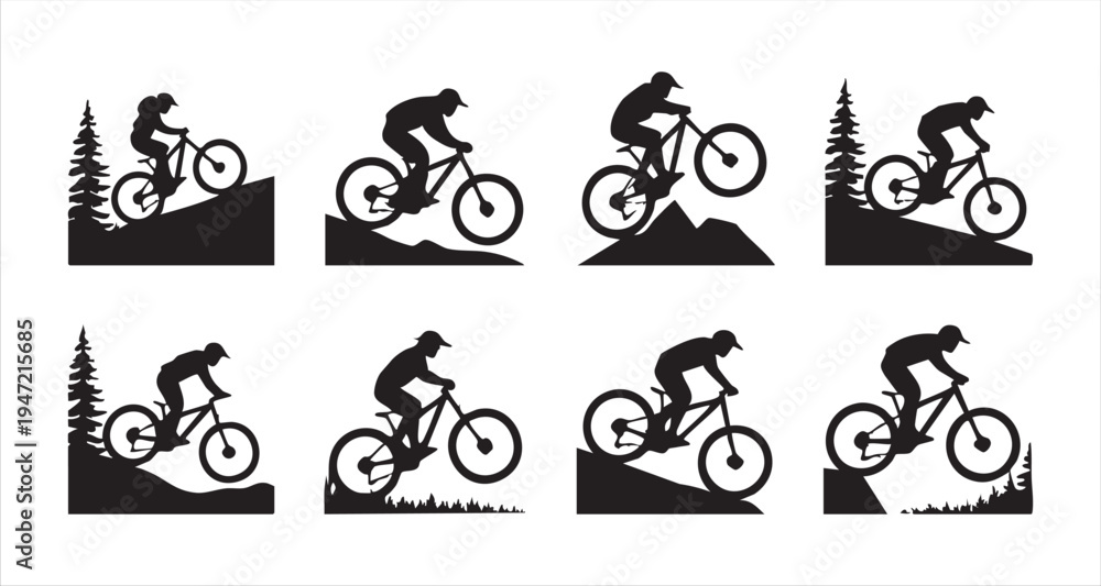 Naklejka premium Mountain biker silhouettes, downhill riding, extreme sport, outdoor activity, cycling adventure set