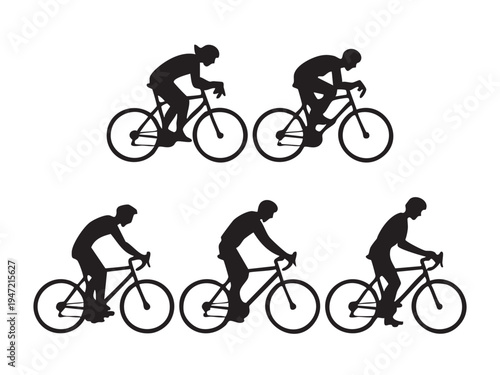 Road cycling athletes in aero tuck and upright positions for competitive racing and speed training