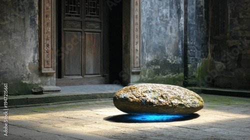 Ancient stone hovers above courtyard floor emitting mystical blue light