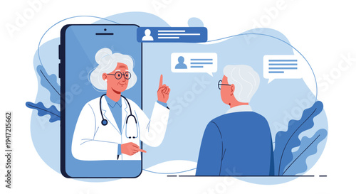 Telemedicine concept showing a senior female doctor on a smartphone screen consulting with an elderly male patient remotely.