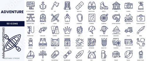 A collection of 50 adventure-themed icons, showcasing outdoor activities and gear in a minimalist style.