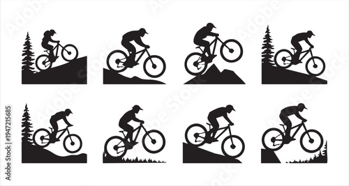 Mountain biker silhouettes, downhill riding, extreme sport, outdoor activity, cycling adventure set